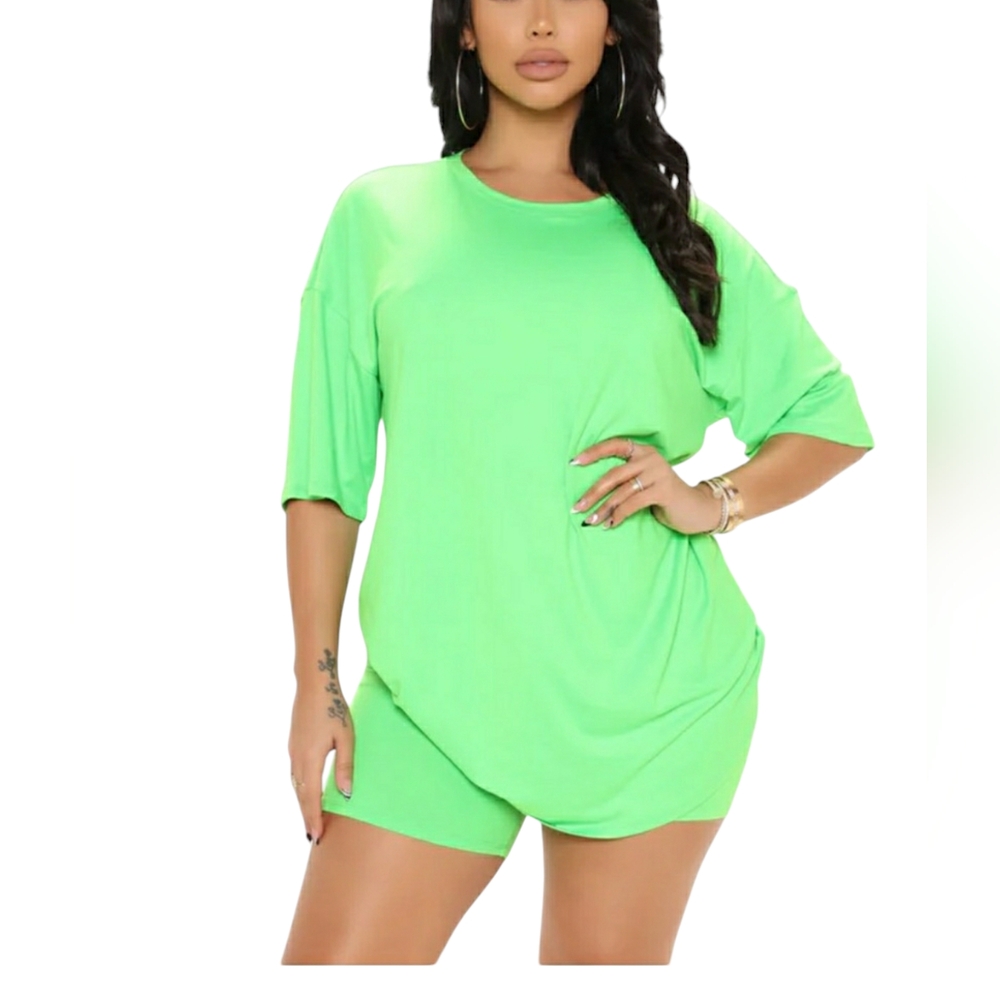 WEEKEND VIBE 2 PIECE NEON GREEN SHORT SET LOTS OF STRETCH